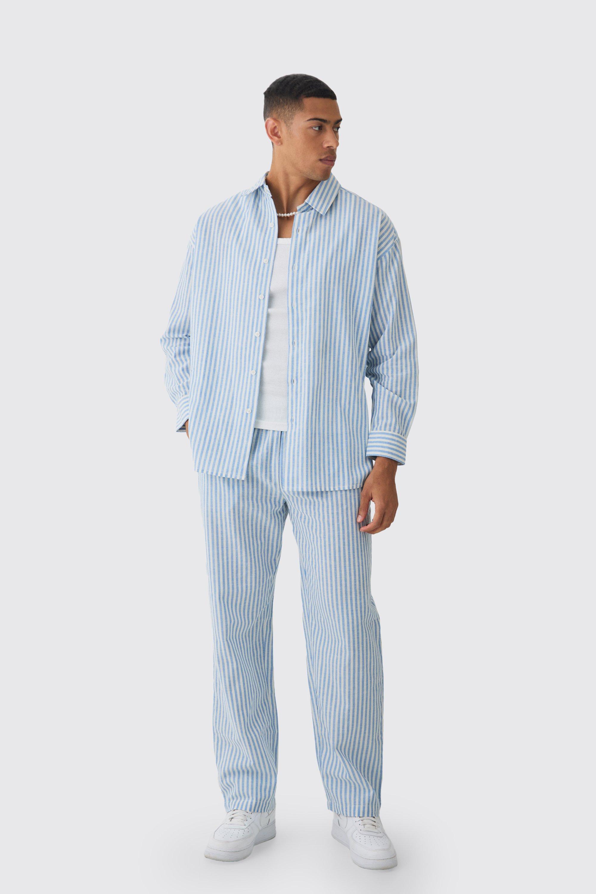 Mens Oversized Long Sleeve Striped Shirt & Trouser Set In Light Blue, Blue